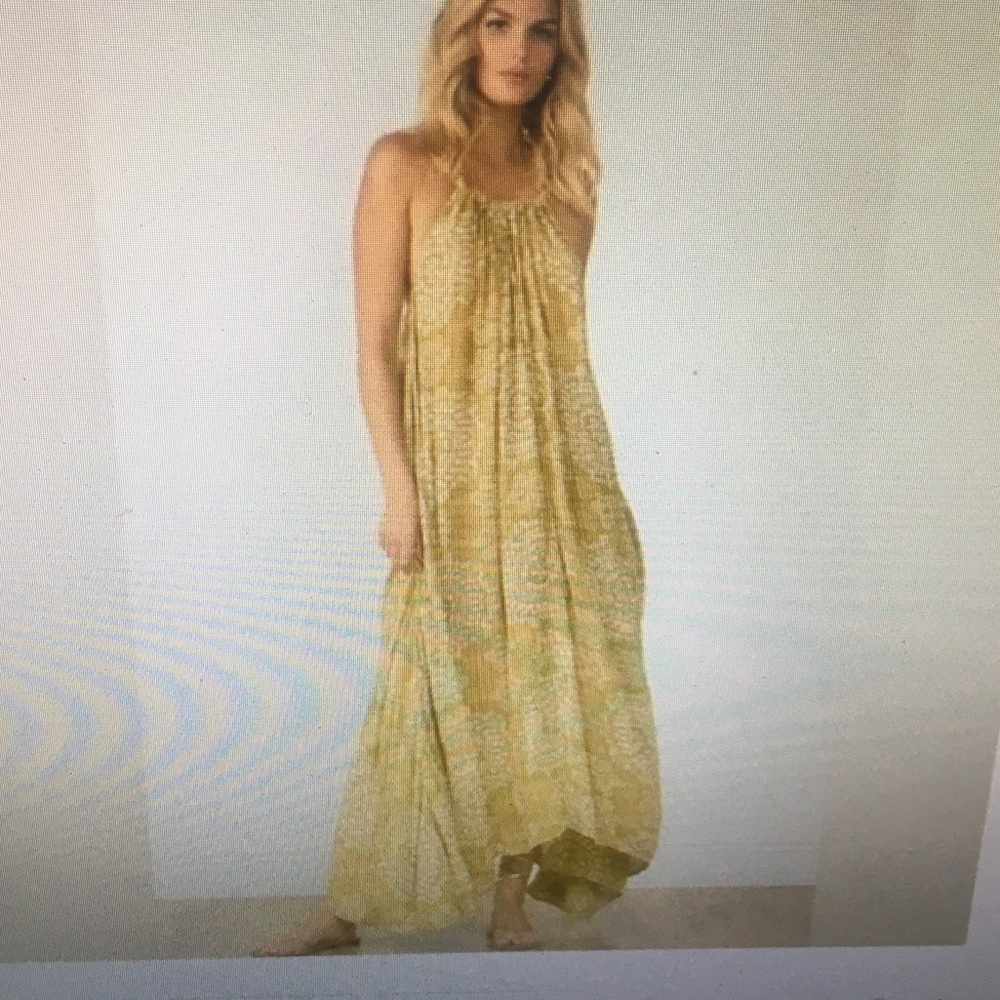 ELAN/BOHO GAUZE GEOMETRIC BACKLESS GREEN WHITE TIE MAXI DRESS/NWT